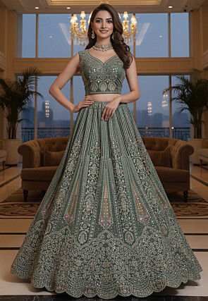 Embroidered Net Lehenga in Light Green