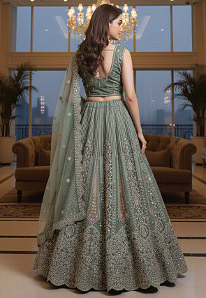 Embroidered Net Lehenga in Light Green