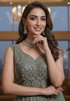 Embroidered Net Lehenga in Light Green