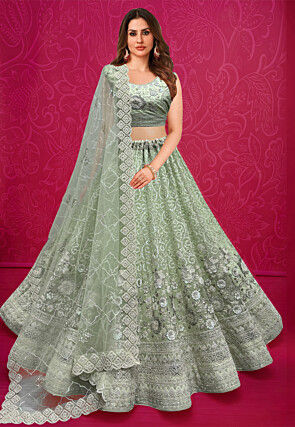 Embroidered Net Lehenga in Light Green