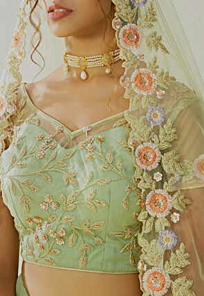 Embroidered Net Lehenga in Light Green