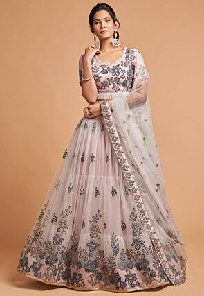 Embroidered Net Lehenga in Light Grey