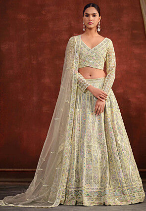Embroidered Net Lehenga in Light Grey