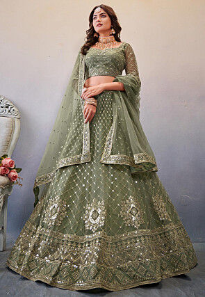 Embroidered Net Lehenga in Light Olive Green