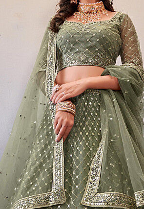 Embroidered Net Lehenga in Light Olive Green