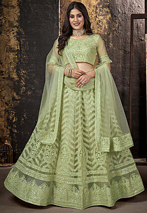 Embroidered Net Lehenga in Light Olive Green