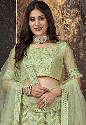 Embroidered Net Lehenga in Light Olive Green