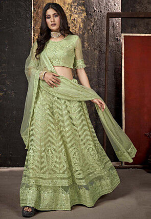 Embroidered Net Lehenga in Light Olive Green