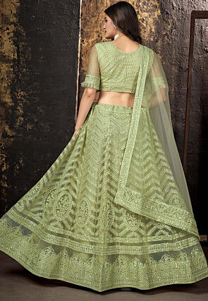 Embroidered Net Lehenga in Light Olive Green