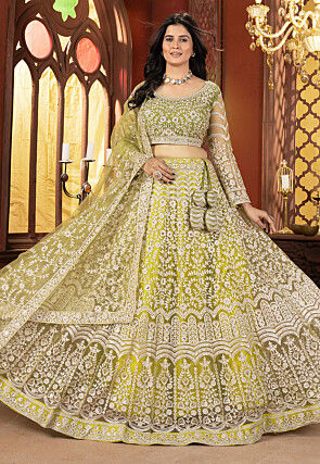 Embroidered Net Lehenga in Light Olive Green