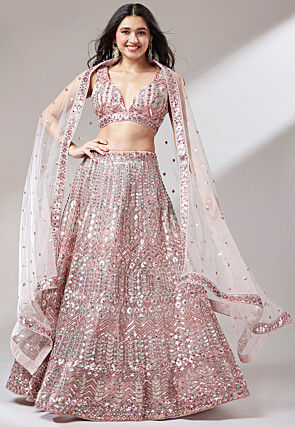 Embroidered Net Lehenga in Light Peach