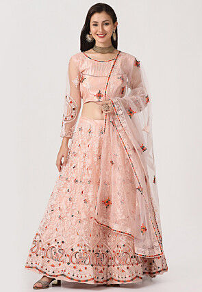 Embroidered Net Lehenga in Light Peach