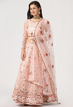 Embroidered Net Lehenga in Light Peach