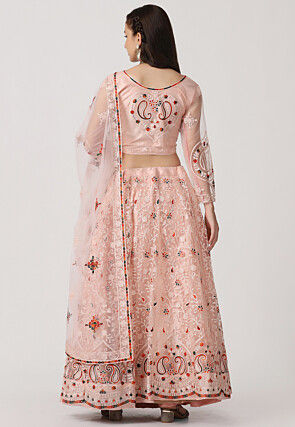 Embroidered Net Lehenga in Light Peach