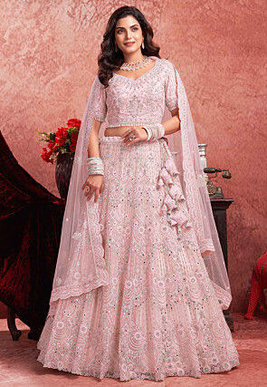 Embroidered Net Lehenga in Light Pink