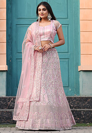 Embroidered Net Lehenga in Light Pink