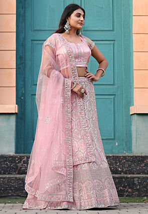 Embroidered Net Lehenga in Light Pink