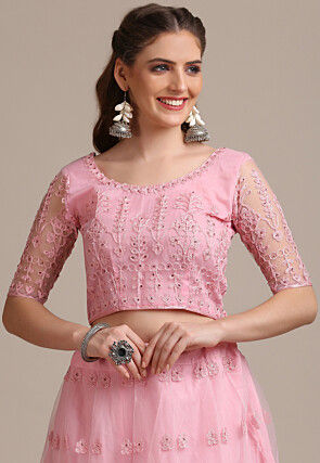 Embroidered Net Lehenga in Light Pink