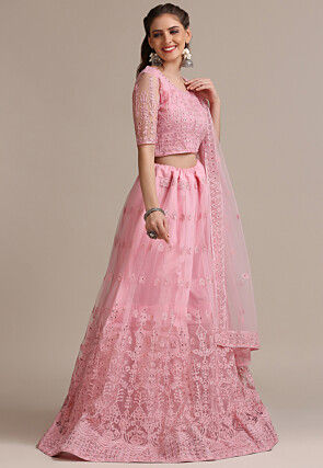 Embroidered Net Lehenga in Light Pink