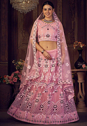 Embroidered Net Lehenga in Light Pink