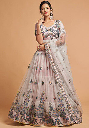 Embroidered Net Lehenga in Light Pink