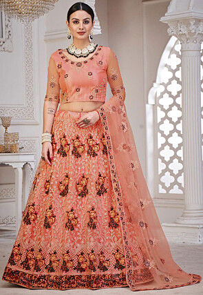 Embroidered Net Lehenga in Peach