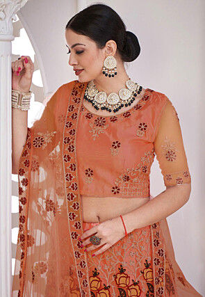 Embroidered Net Lehenga in Peach