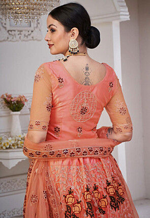 Embroidered Net Lehenga in Peach