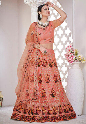 Embroidered Net Lehenga in Peach