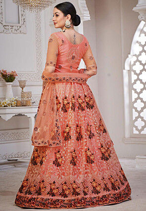Embroidered Net Lehenga in Peach
