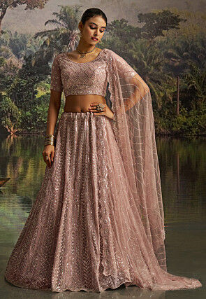 Embroidered Net Lehenga in Light Purple