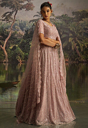 Embroidered Net Lehenga in Light Purple