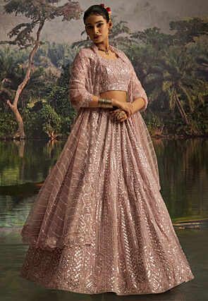 Embroidered Net Lehenga in Light Purple