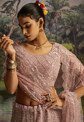 Embroidered Net Lehenga in Light Purple