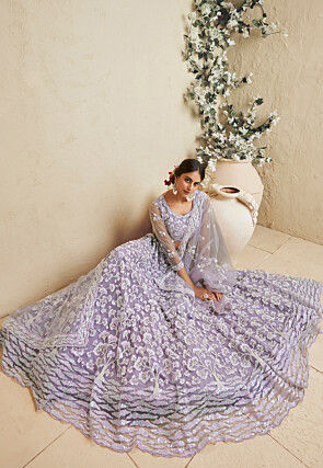 Embroidered Net Lehenga in Light Purple