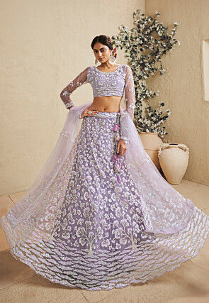 Embroidered Net Lehenga in Light Purple