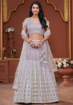 Embroidered Net Lehenga in Light Purple