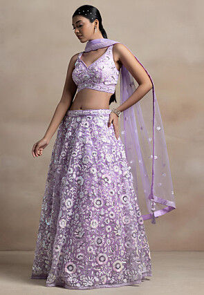 Embroidered Net Lehenga in Light Purple