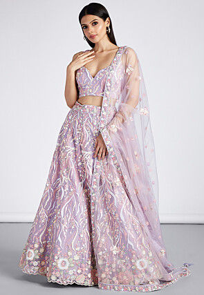Embroidered Net Lehenga in Light Purple