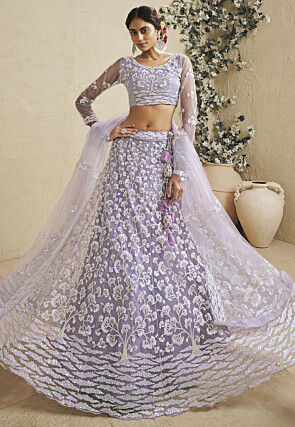 Embroidered Net Lehenga in Light Purple