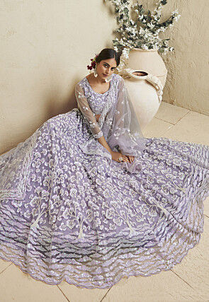 Embroidered Net Lehenga in Light Purple