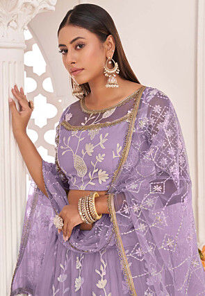Embroidered Net Lehenga in Light Purple