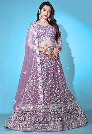 Embroidered Net Lehenga in Light Purple