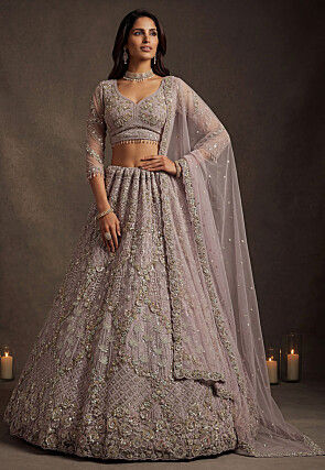 Embroidered Net Lehenga in Light Purple