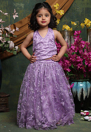 Embroidered Net Lehenga in Light Purple