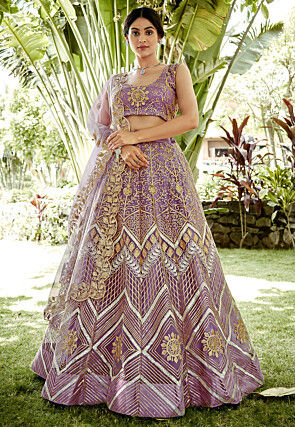 Embroidered Net Lehenga in Light Purple