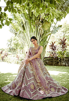 Embroidered Net Lehenga in Light Purple