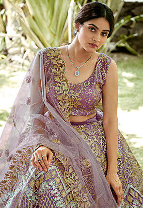 Embroidered Net Lehenga in Light Purple