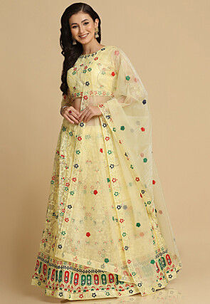 Embroidered Net Lehenga in Light Yellow