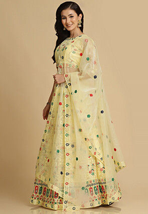 Embroidered Net Lehenga in Light Yellow